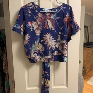 Blue Flower Print Blouse with Tie-Back, Small, She + Sky